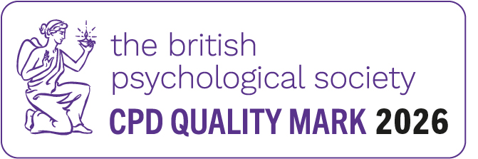 The British Psychological Society CPD Quality Mark 2026 logo featuring a figure holding a light, symbolizing excellence in professional development.
