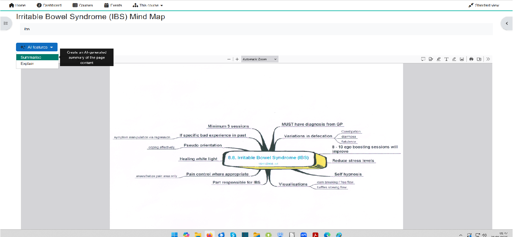 Mind map illustrating key concepts related to Irritable Bowel Syndrome (IBS), including symptoms, treatments, and coping strategies.